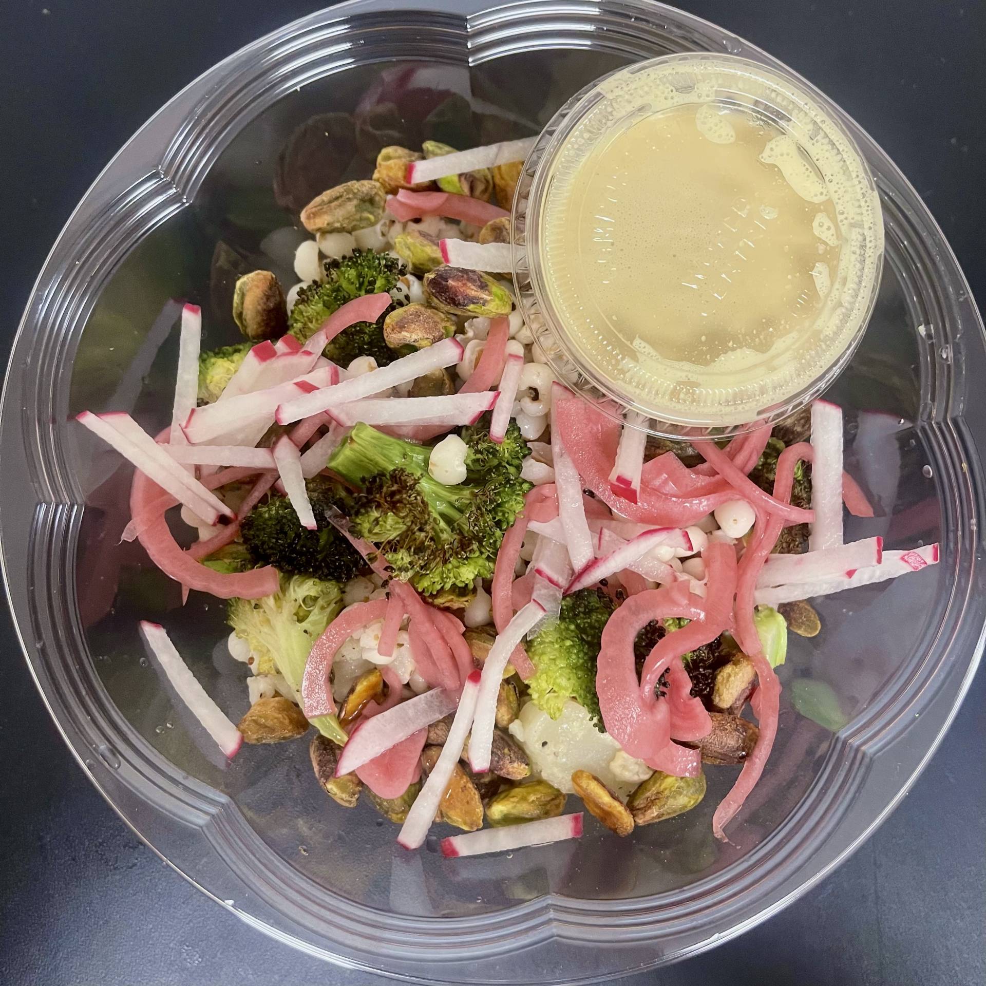 Adlay Salad with Broccoli and Pickled Onions and chicken