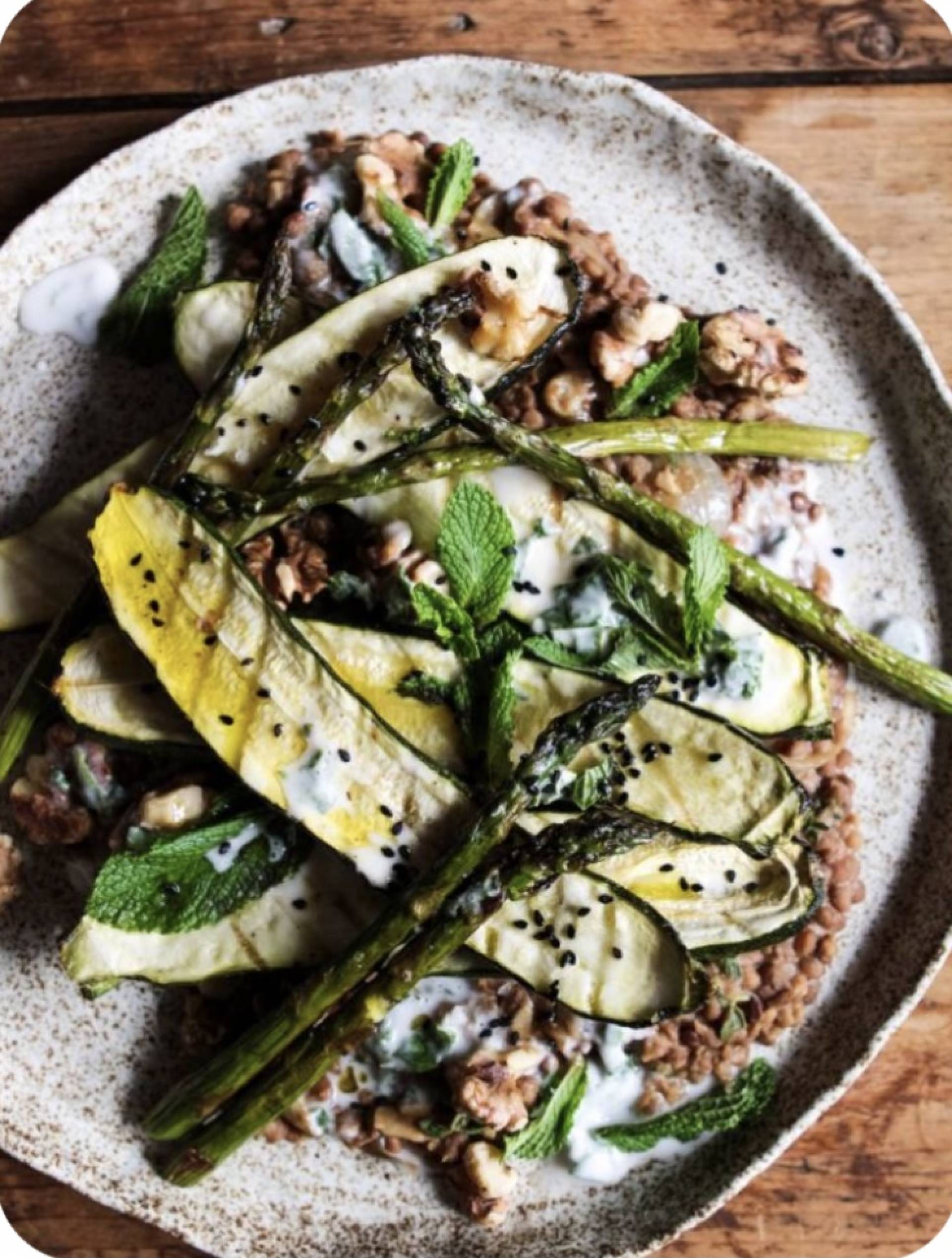 Zucchini with Asparagus, Lentils, Lemon Yogurt Dressing, and Organic Chicken