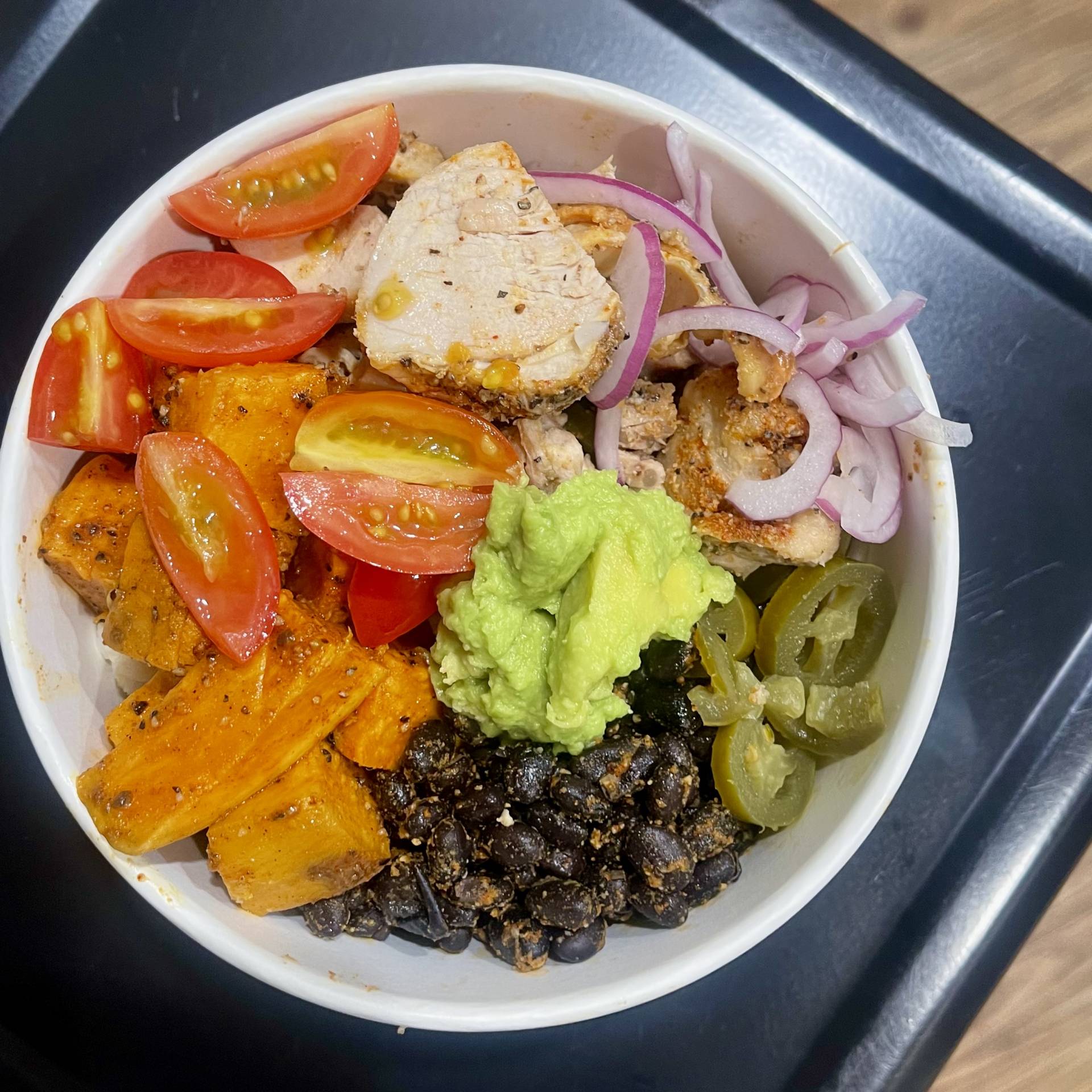 Sweet Potato Burrito Bowl with roast Chicken