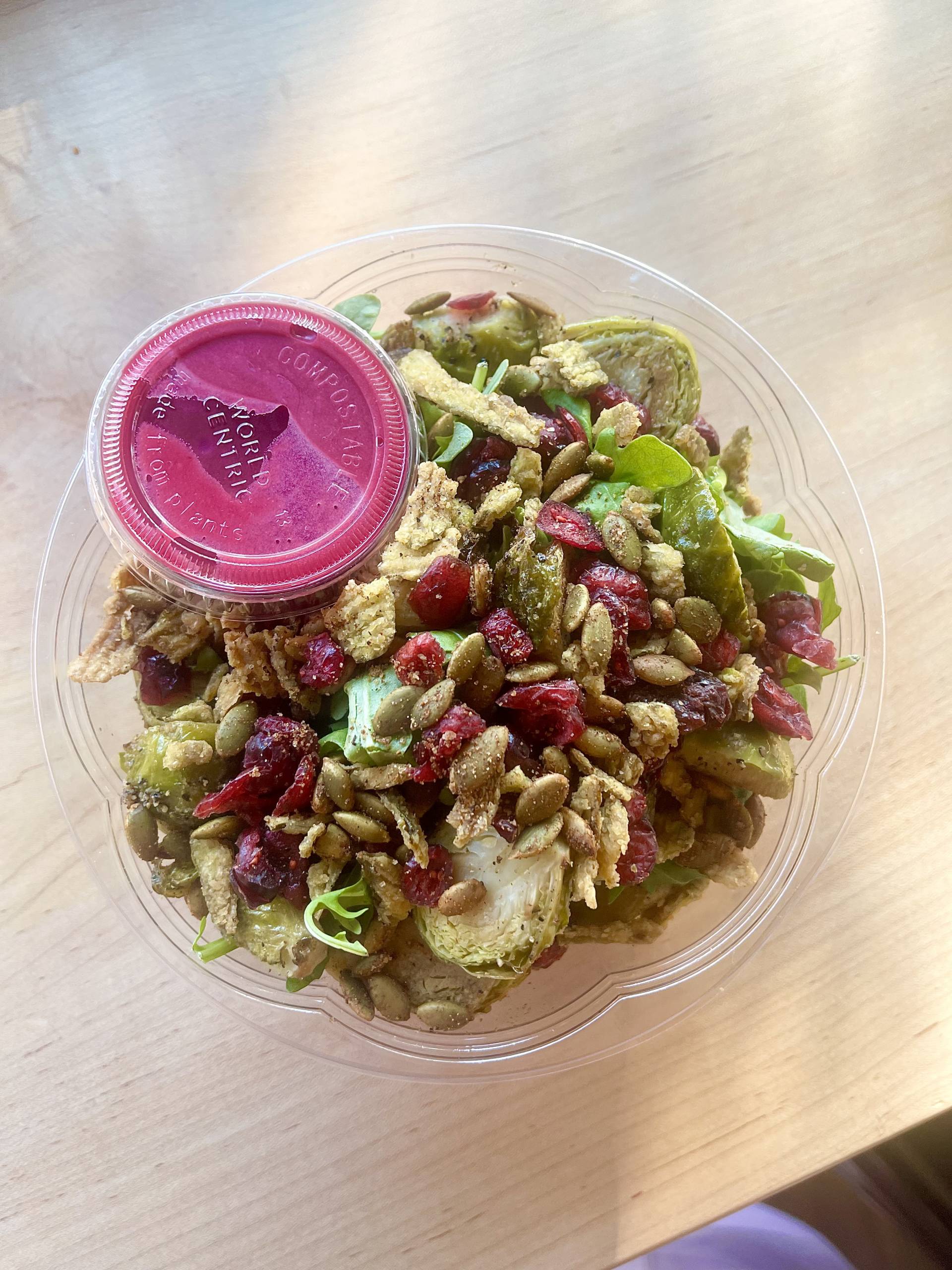 Roast Brussels Grain Bowl with Butter Beet Dressing with roast Chicken