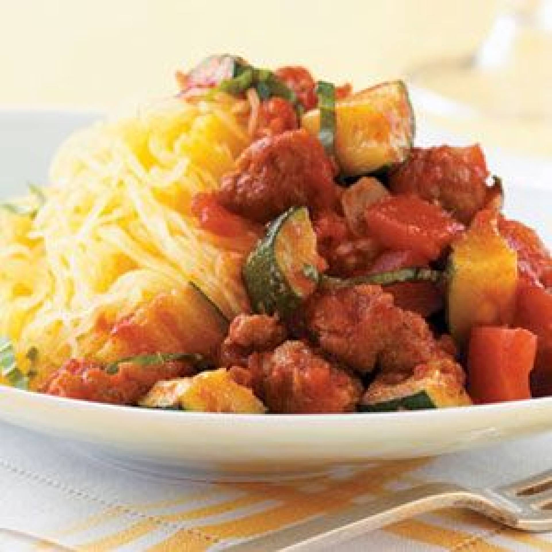 Spaghetti Squash with Vegetable Tomato Sauce, Crispy Lentils, and Crispy Tofu