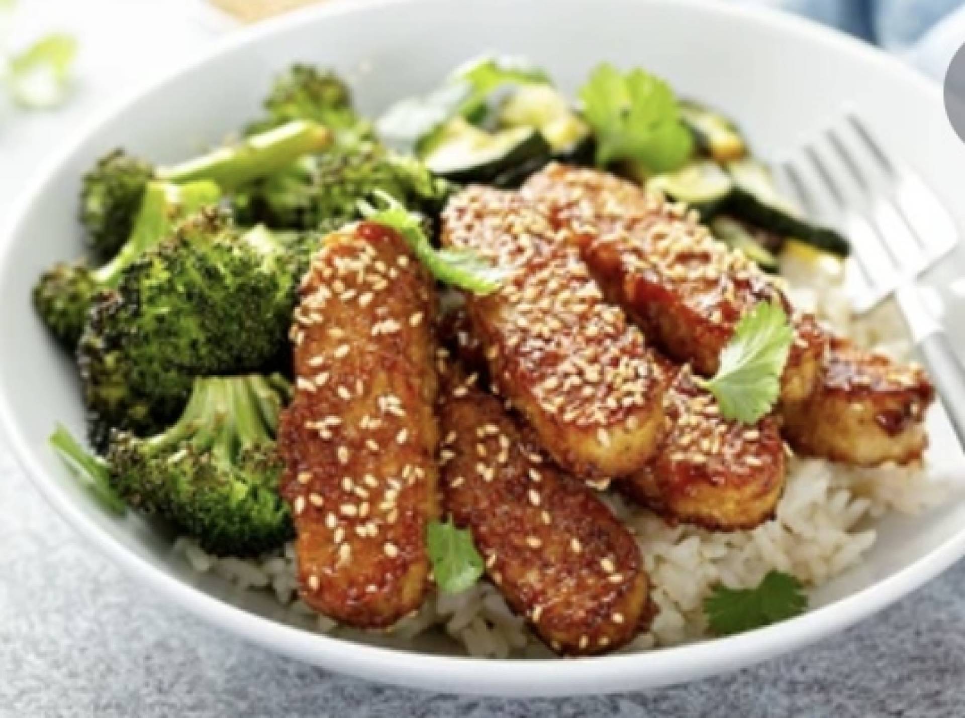 Tempeh, Rice, Roast Vegetables