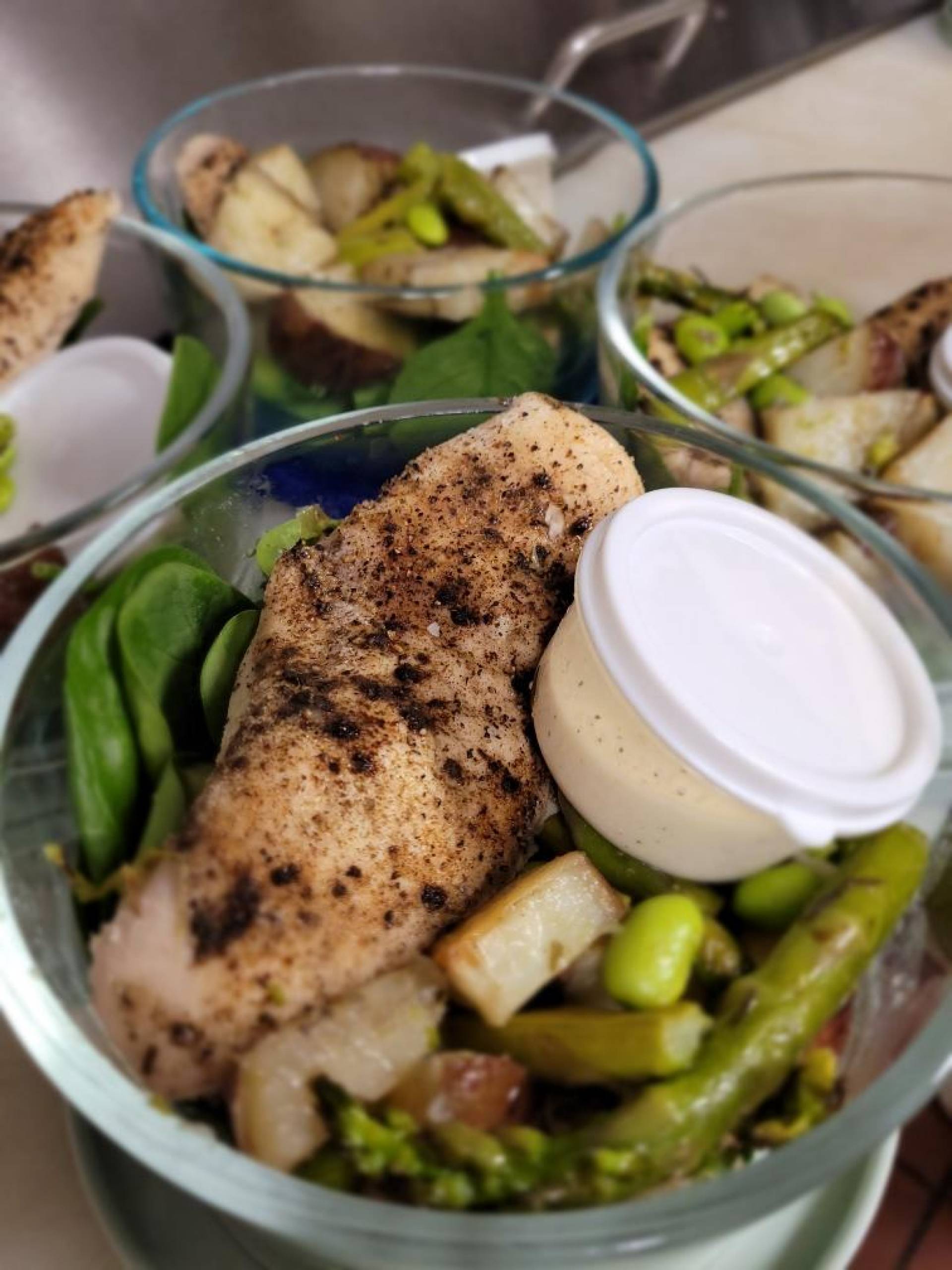 Potato, Asparagus and Edamame Salad with organic chicken