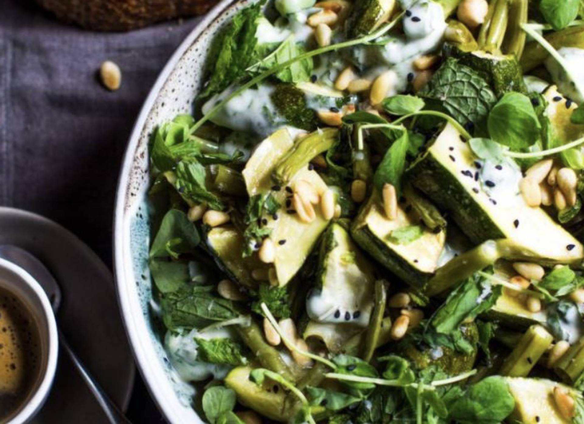 Roasted Zucchini, Green Bean and Edamame salad with Crispy Tofu