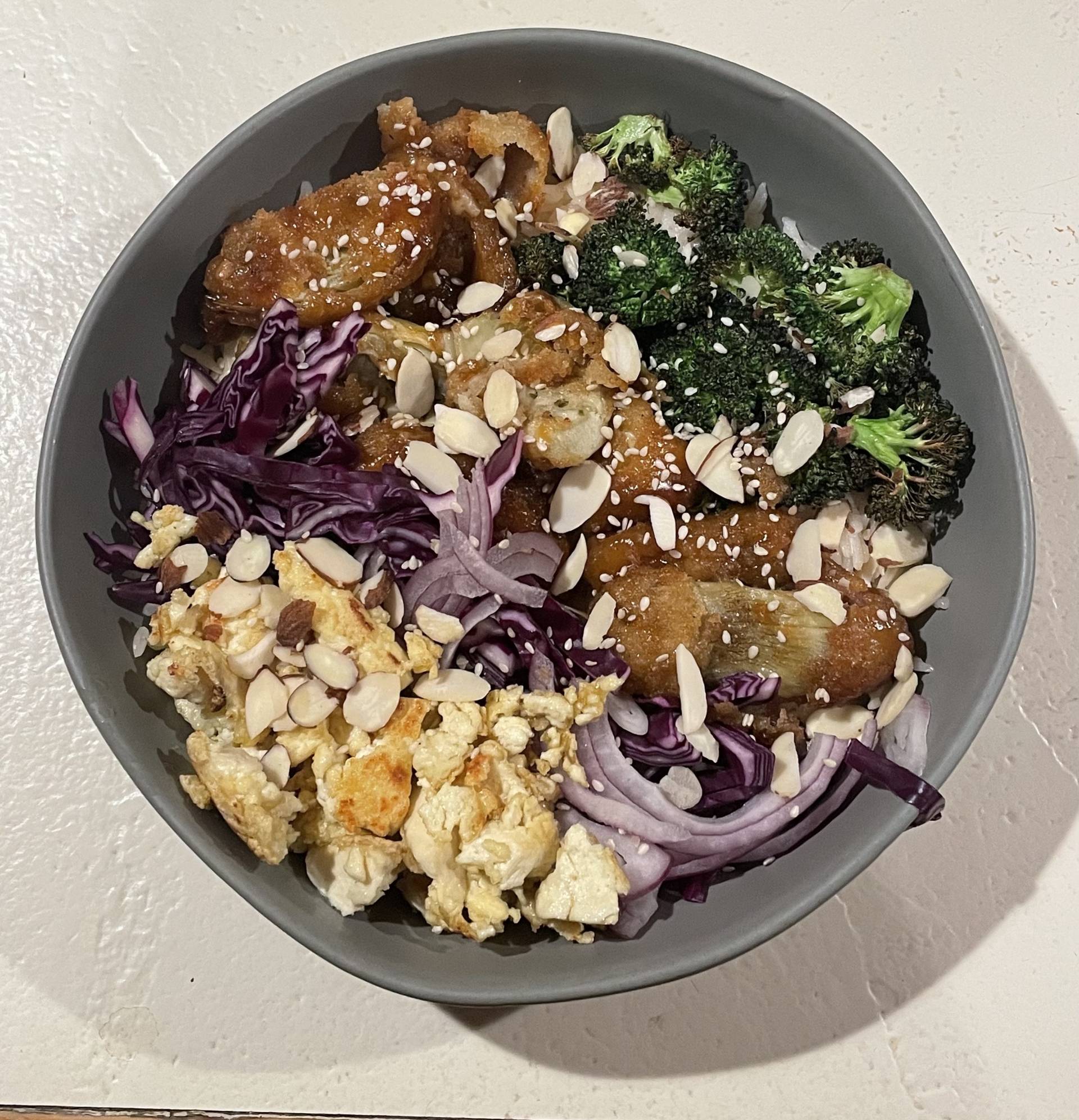 Crispy Artichoke Grain Bowl with Crispy Tofu