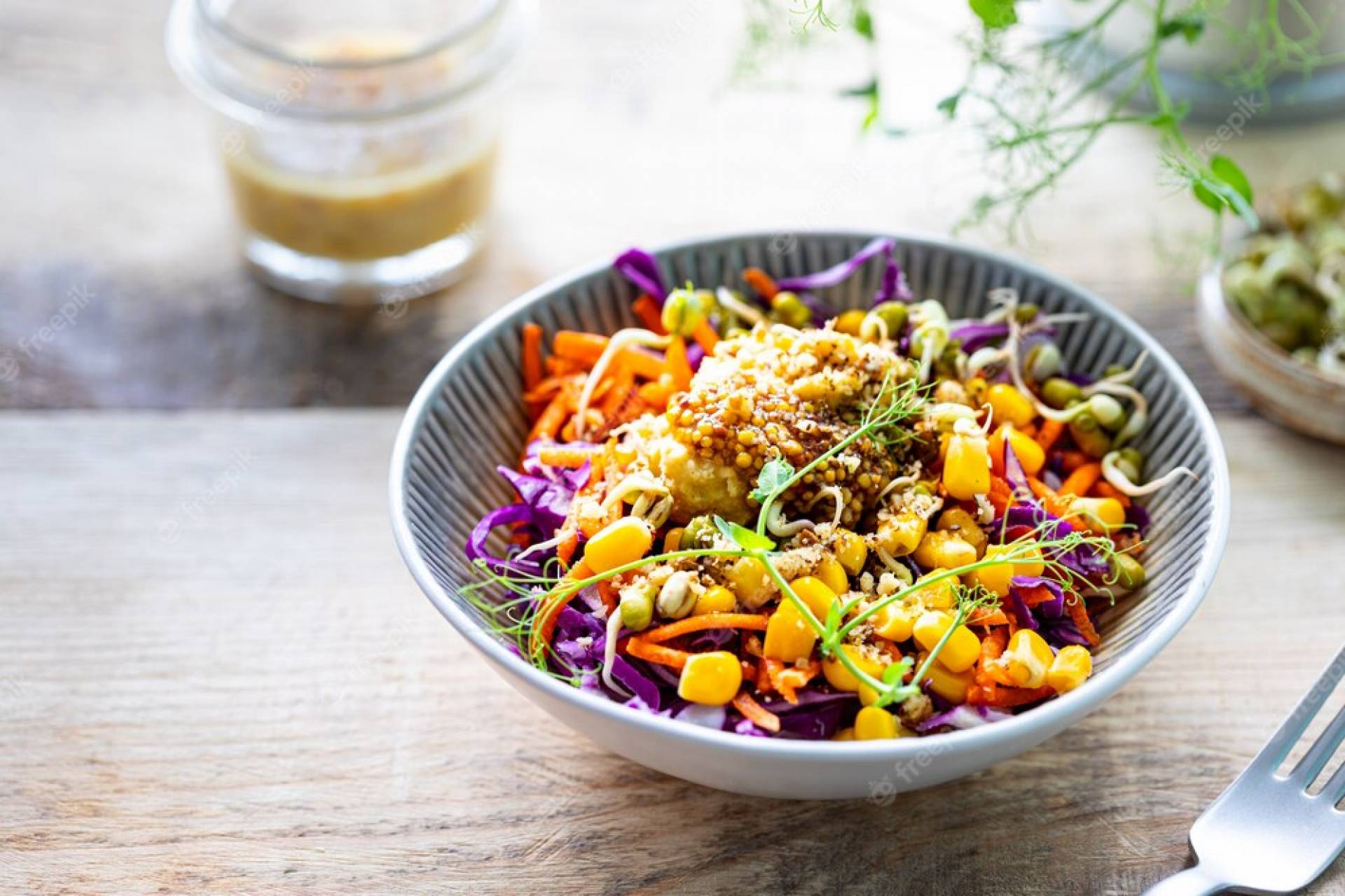 Grilled Squash, Corn, and Greens salad with Sunflower Vinaigrette and Crispy Tofu