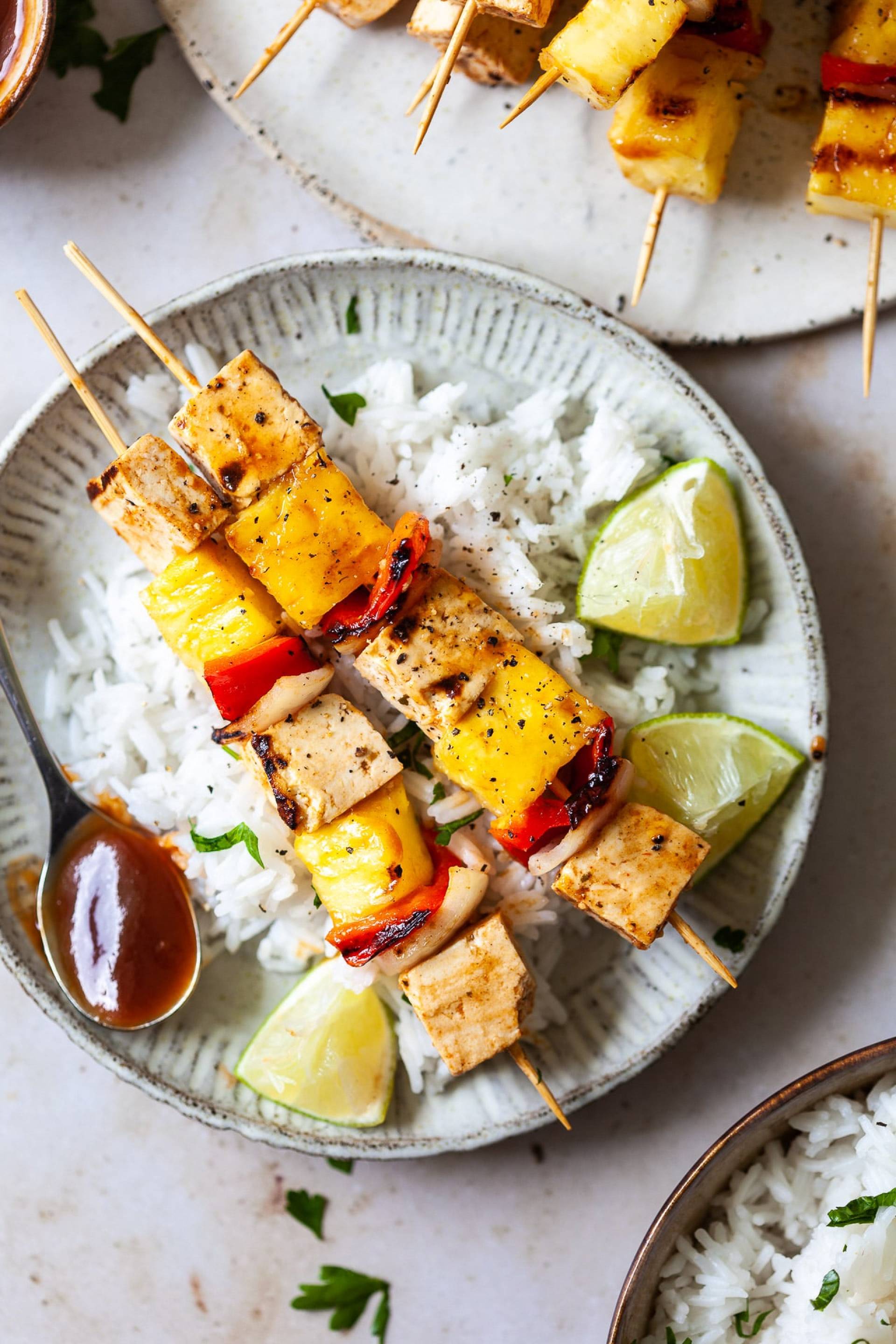 Kids Meal: BBQ Tofu and Veggie Skewers with Burrito Rice and a Chocolate Chip Cookie