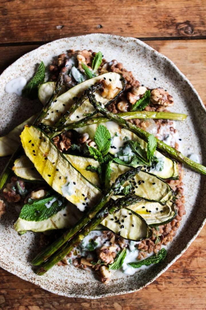 Zucchini with Asparagus, Lentils, and a Lemon Yogurt Dressing